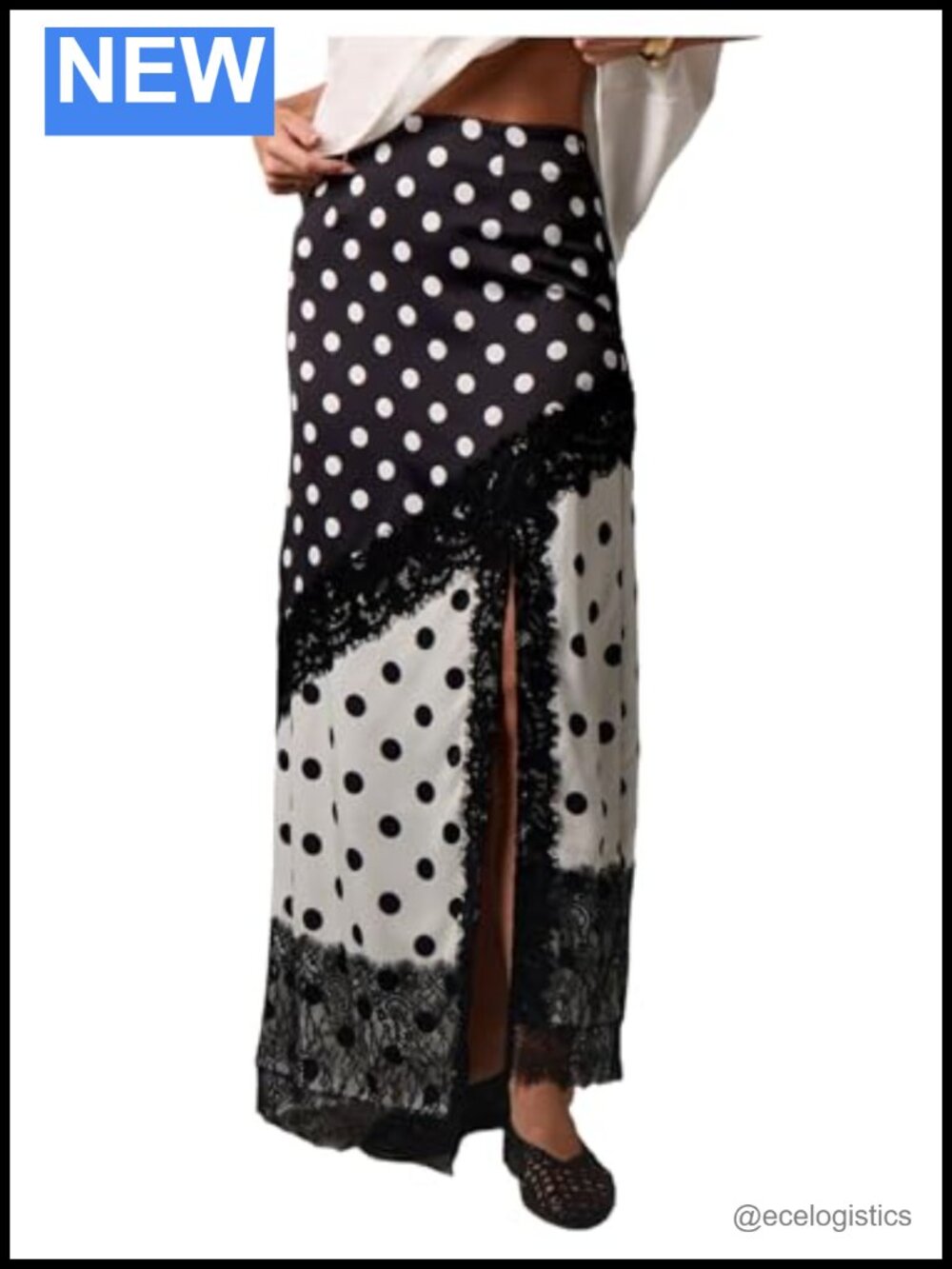 Lace Trim High Rise Slit Maxi Skirt Black White Polka Dot